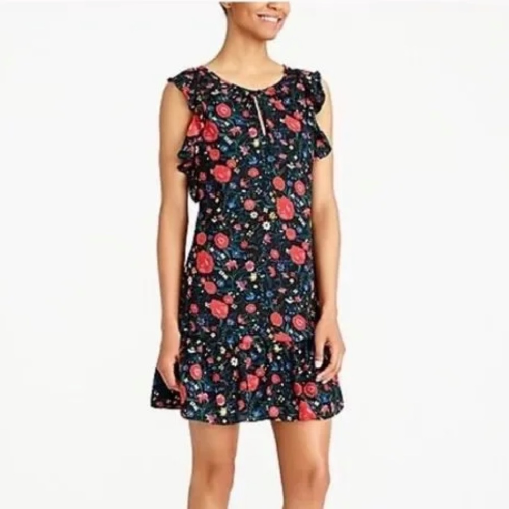 Women’s J. Crew Black Floral Printed Flutter Dress, Size XS